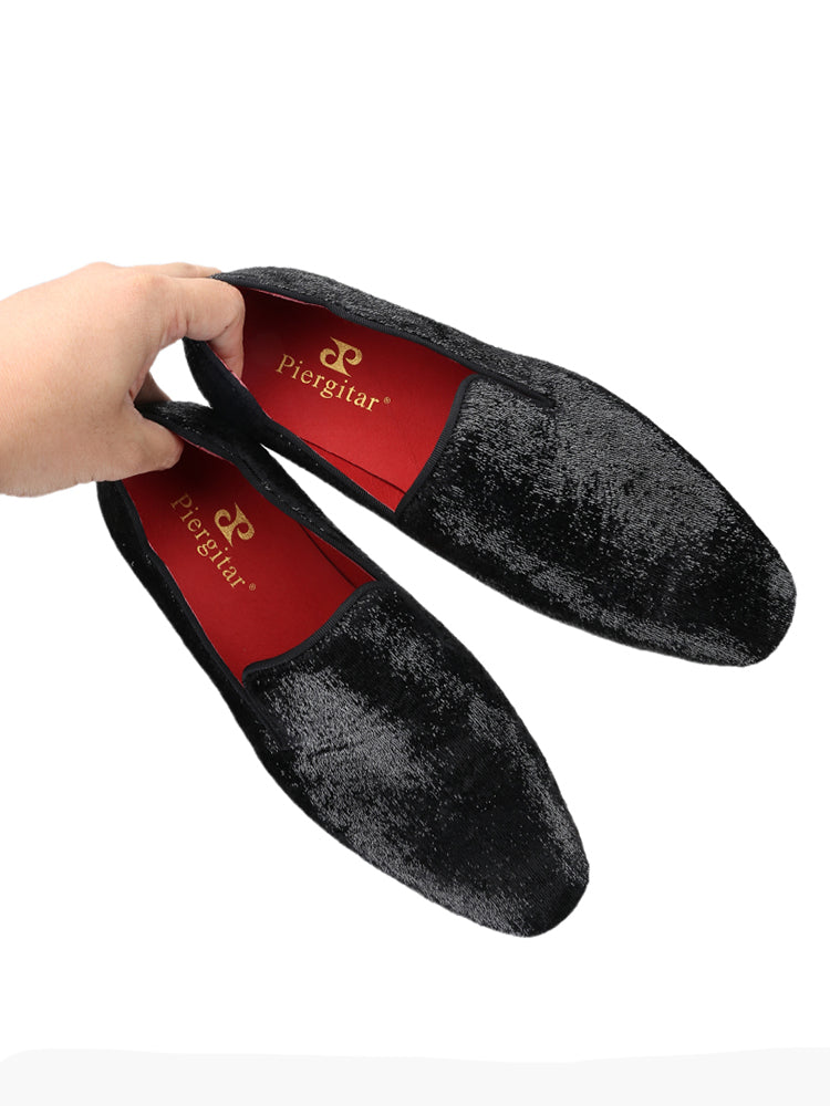 Black velvet gold and silver men's slip-on loafers European and American luxury fashion big-name square-toe red-soled shoes for men