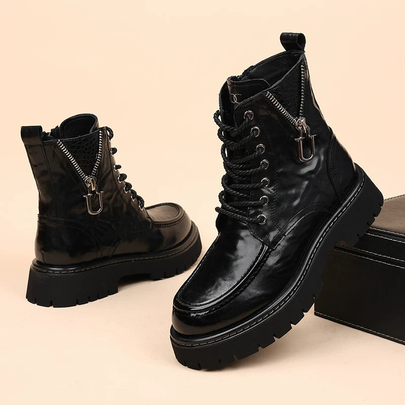 Men's Genuine Leather Martin Boots, Height Increasing, Soft Sole