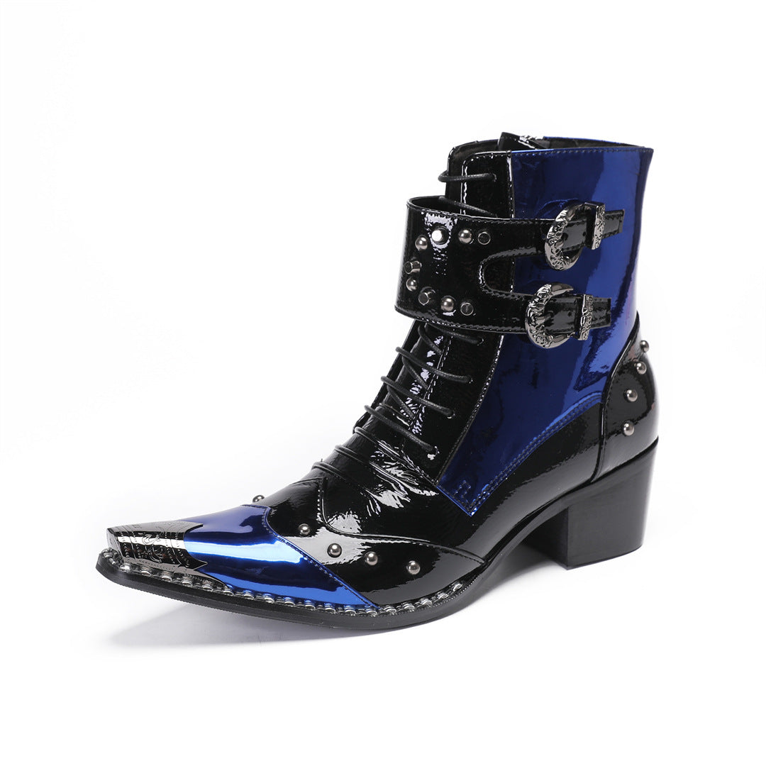 British style special-shaped with square head patent leather short boots plus size 44 45 46 47 48 patent leather thick heel Martin boots blue