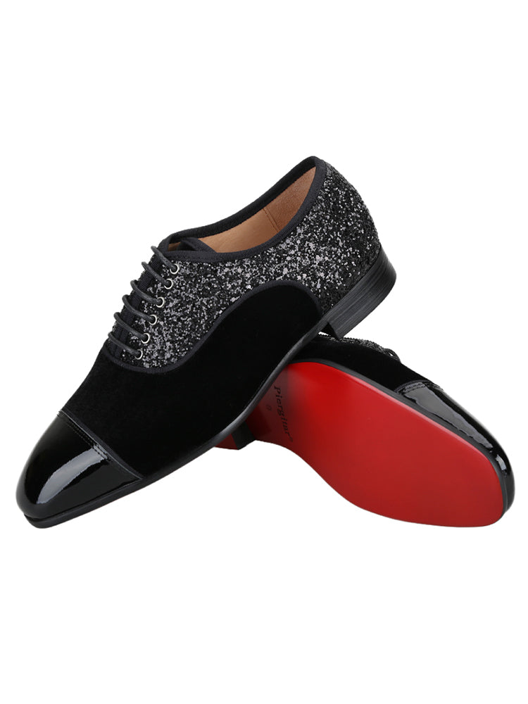 Handmade velvet patent leather sequin cloth three-material splicing men's lace-up Oxford shoes red sole formal shoes for men