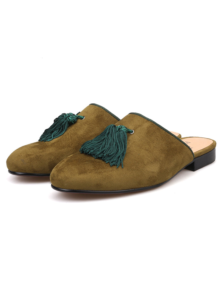 Summer new style European and American style slip-on tassel trendy slippers imported frosted velvet round mouth banquet loafers with leather lining