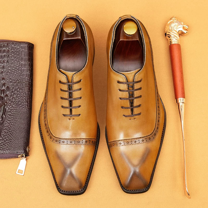 Men's Genuine Leather Leather Shoes, Square Toe, British Style