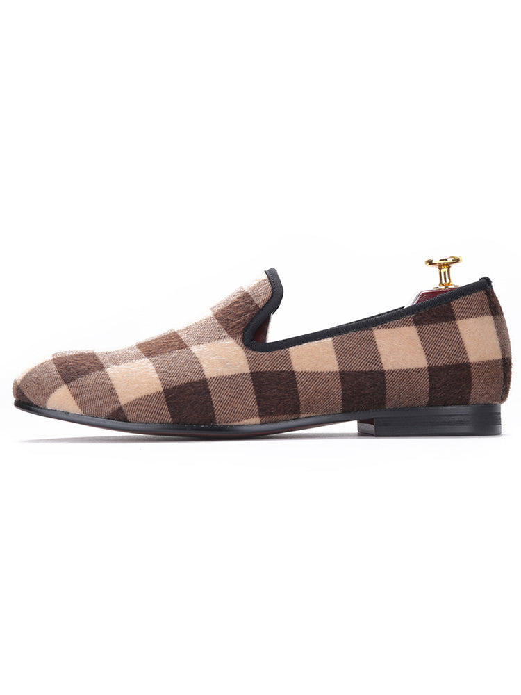 Piergitar's new apricot brown plaid horsehair men's handmade loafers British casual slip-on trendy shoes
