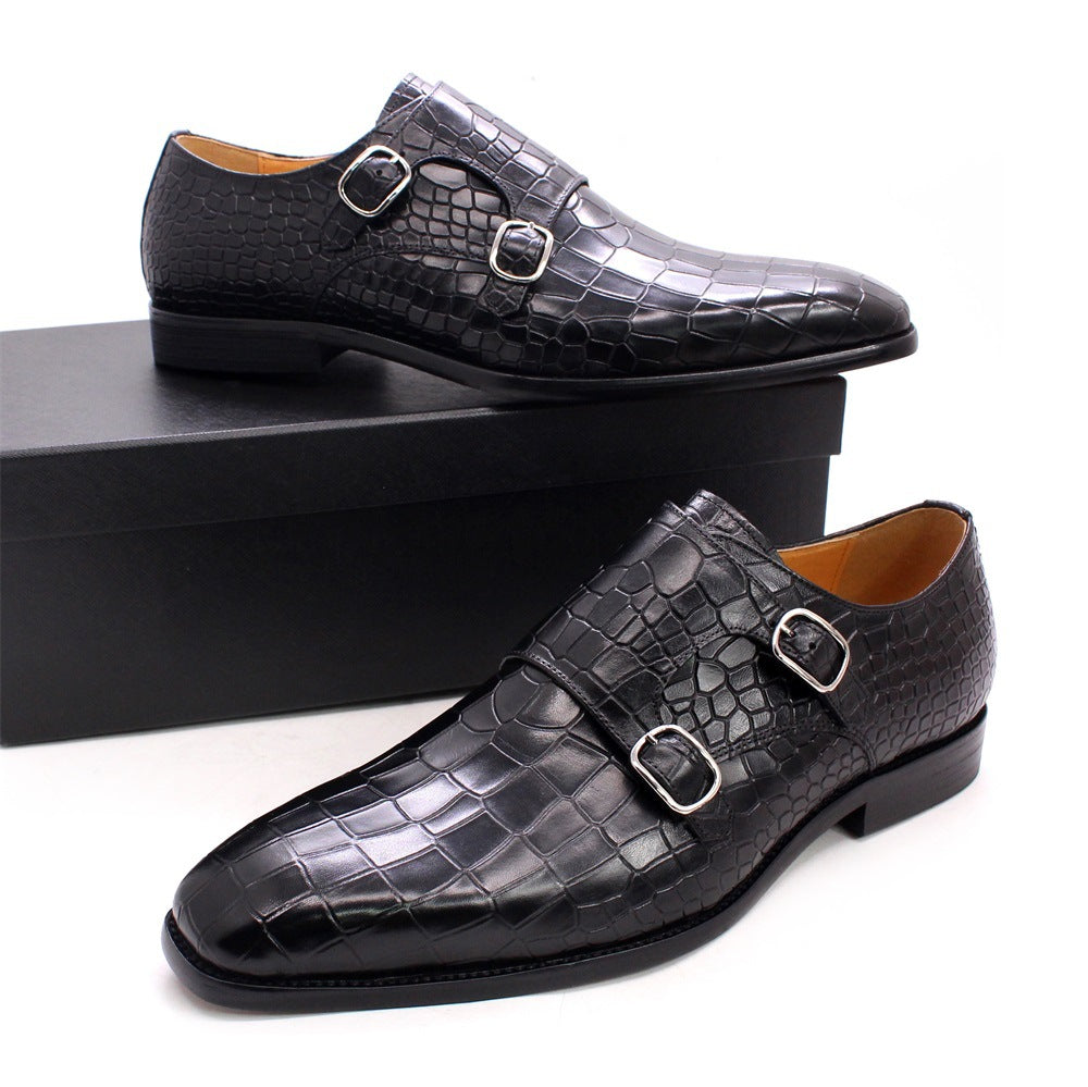 2024 Italy Handmade Genuine Leather Men's Shoes Business Double Buckle Crocodile Pattern Monk Meng Ke Shoe Cover Foot Formal Wear Leather Shoes Men