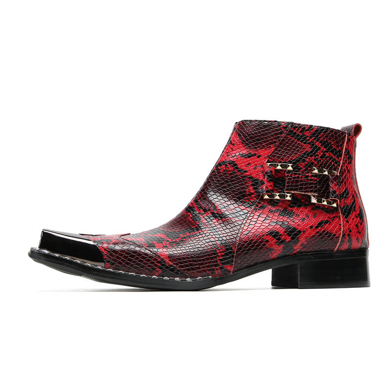 Red Business Chelsea Short Boots Men's Snakeskin Pattern Cowhide Pointed High Top Leather Shoes Fleece Warm Dress Leather Boots