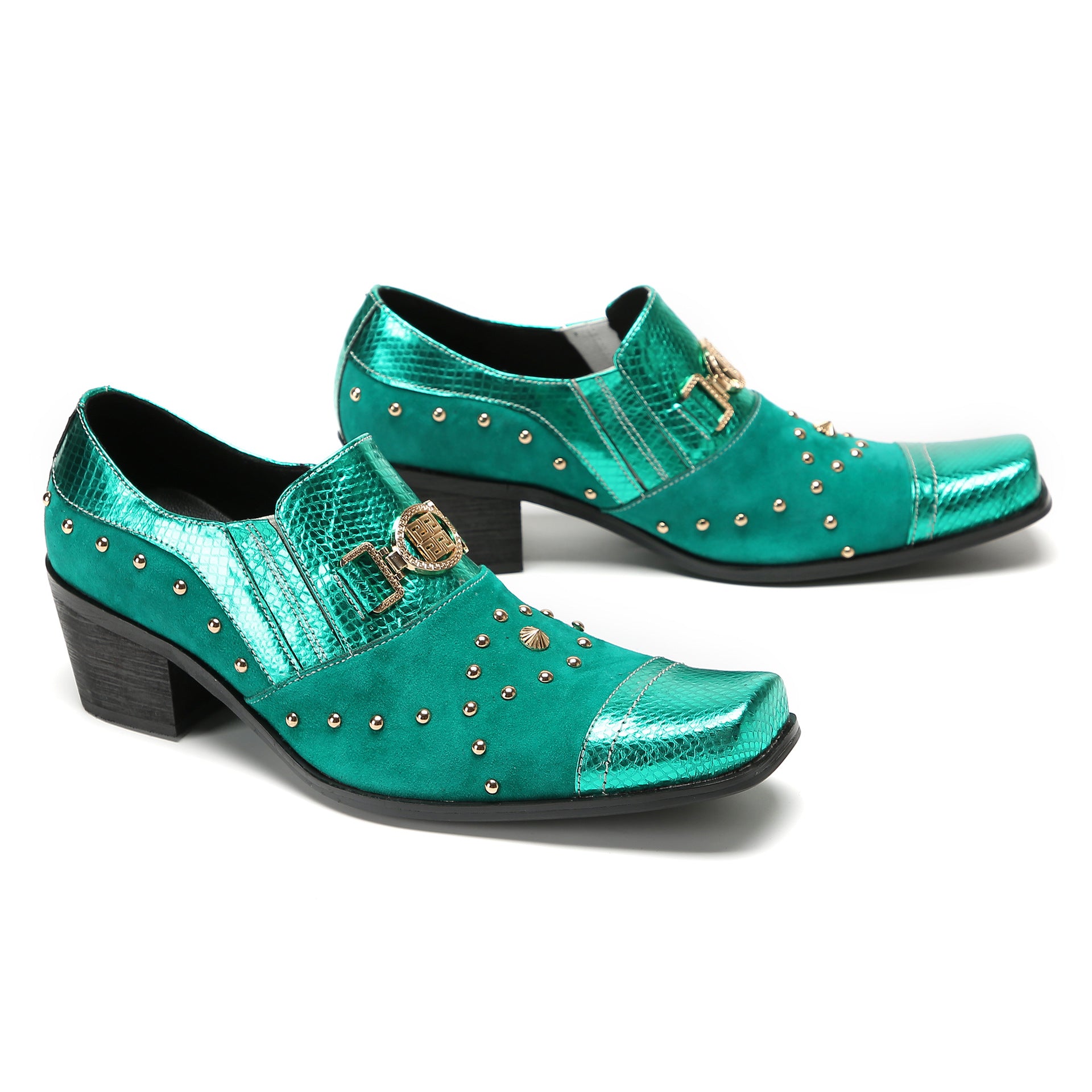 European Station 2023 Autumn New Business Leather Shoes Men's Shoes Square Toe Rivets Derby Shoes Thick Sole Formal Green Shoes Trendy Shoes