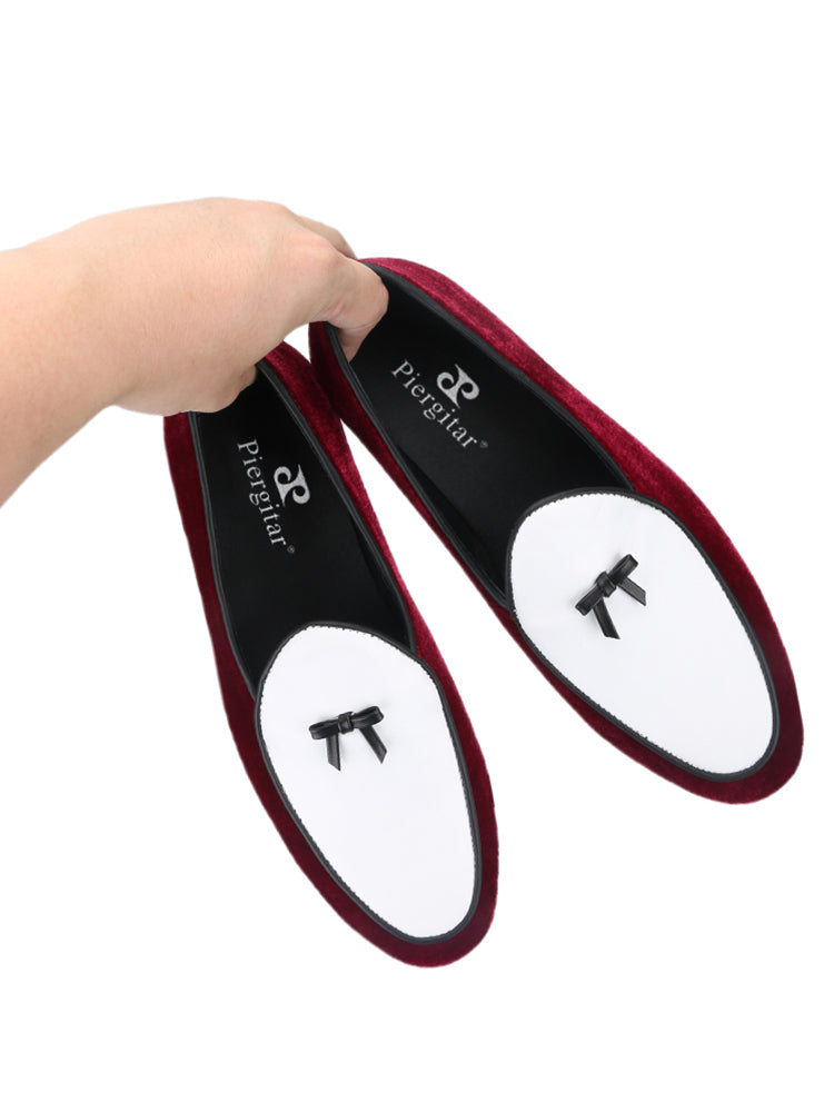 European and American trendy wear burgundy velvet stitching white cowhide men's loafers leather bow tie Belgian shoes
