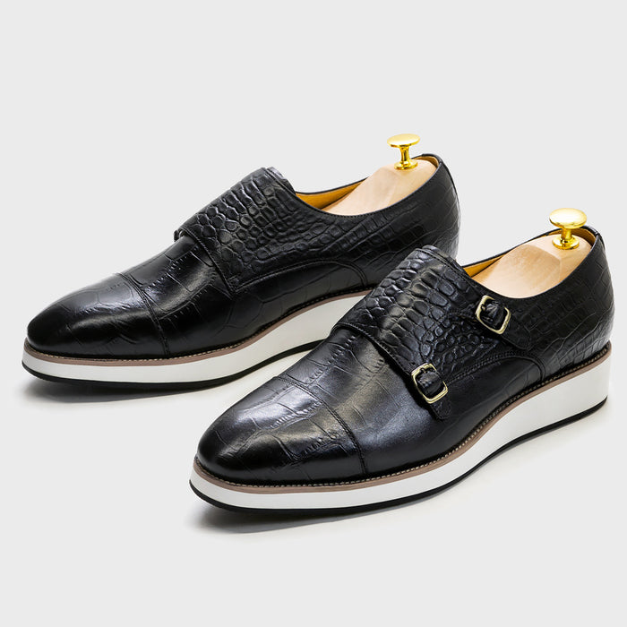 2025 Casual Leather Shoes Men's Genuine Leather Crocodile Pattern Embossed Double Buckle Pointed Men's Shoes Height Increasing Non-Slip Wear-Resistant Outsole