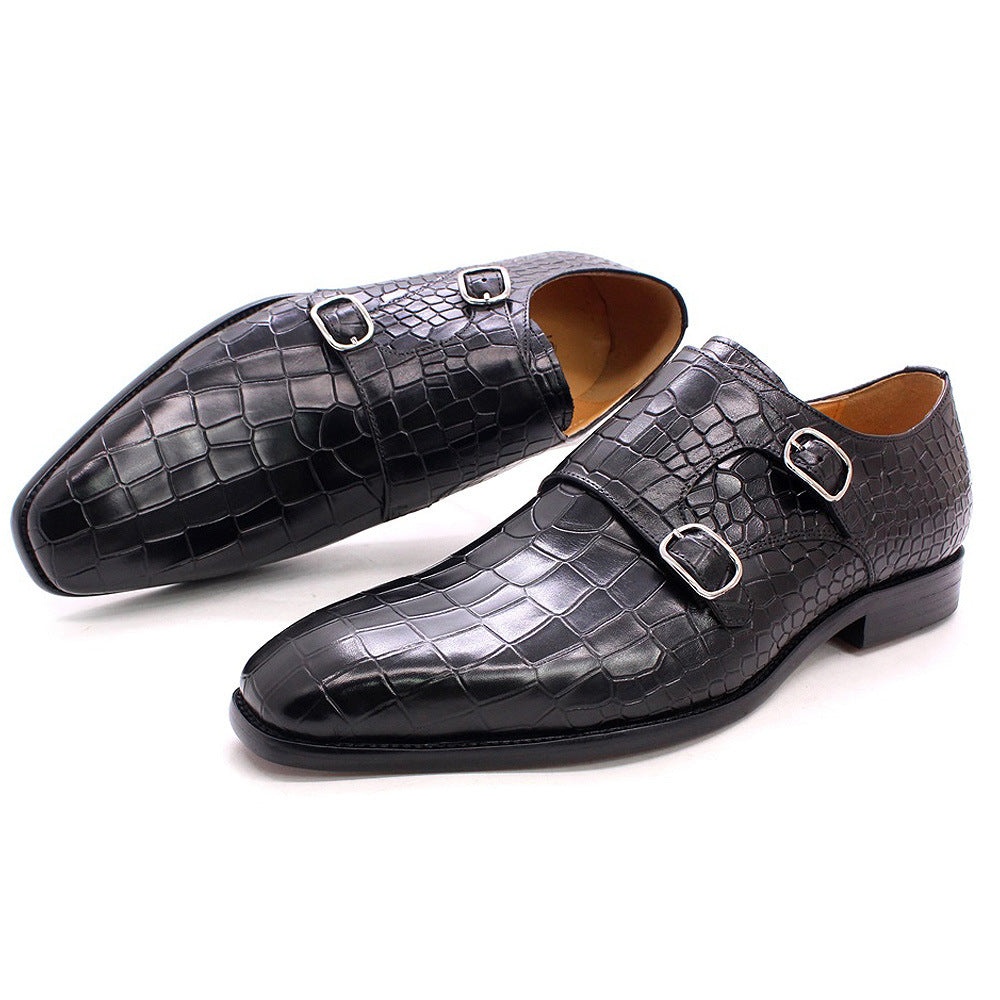 2024 Italy Handmade Genuine Leather Men's Shoes Business Double Buckle Crocodile Pattern Monk Meng Ke Shoe Cover Foot Formal Wear Leather Shoes Men