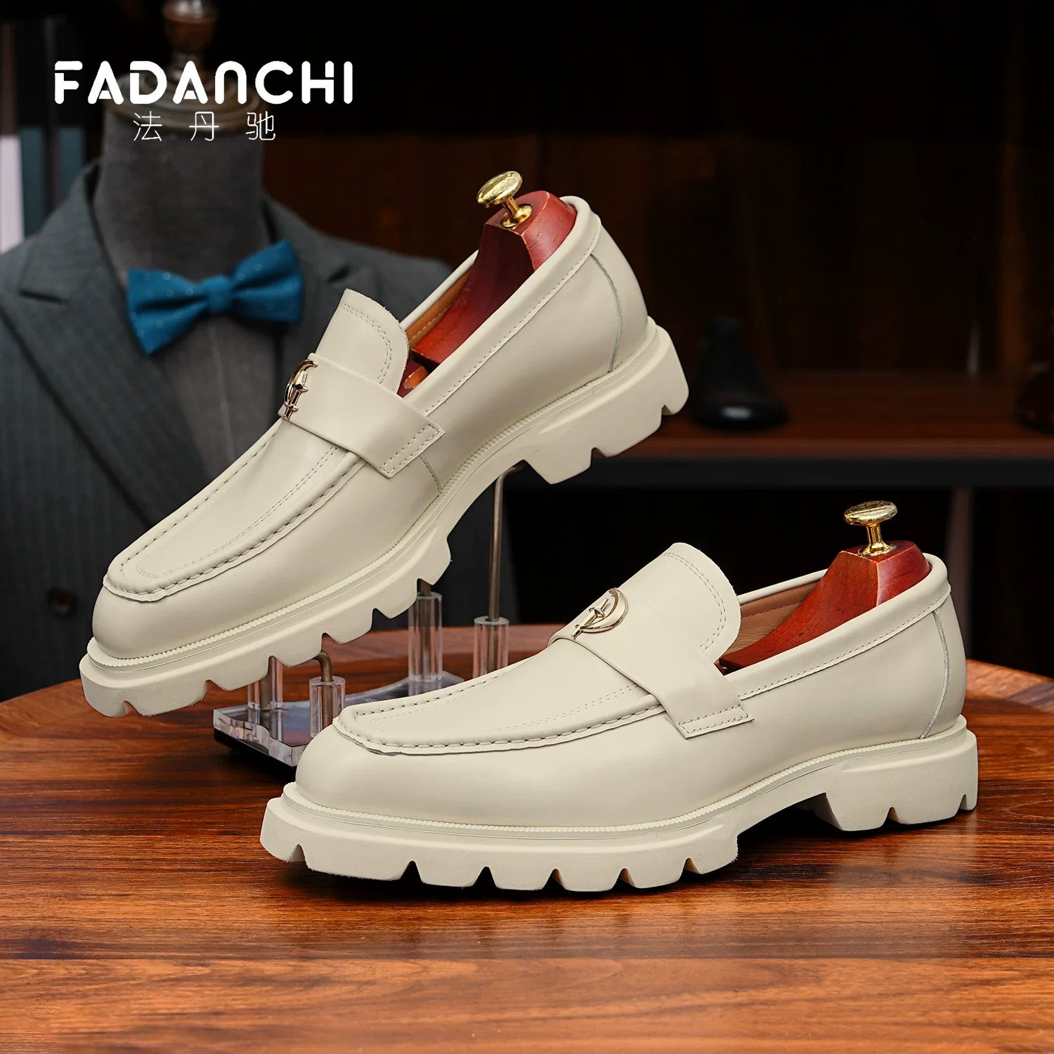 Men's White Genuine Leather Loafers, Height Increasing, Thick Sole