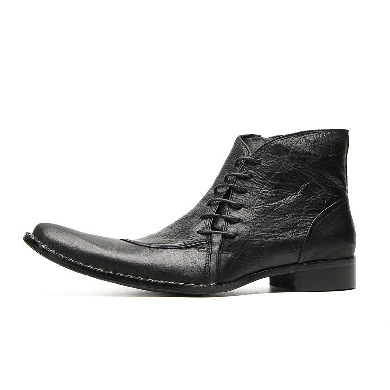 British Korean style men's casual high-top leather shoes brogue business sleeves increased short boots pointed toe Martin boots