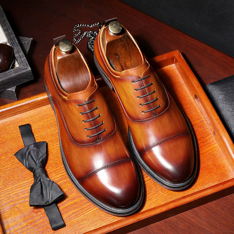 Men's Brown Genuine Leather Oxford Shoes, Handmade, Business