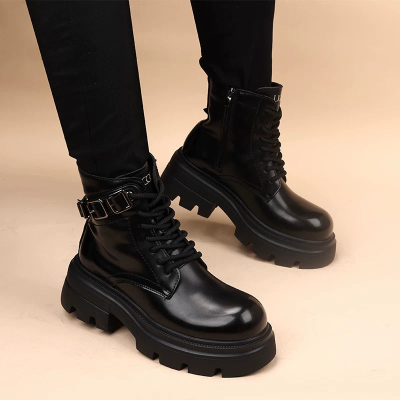 Men's Genuine Leather Martin Boots, Height Increasing, Thick Sole