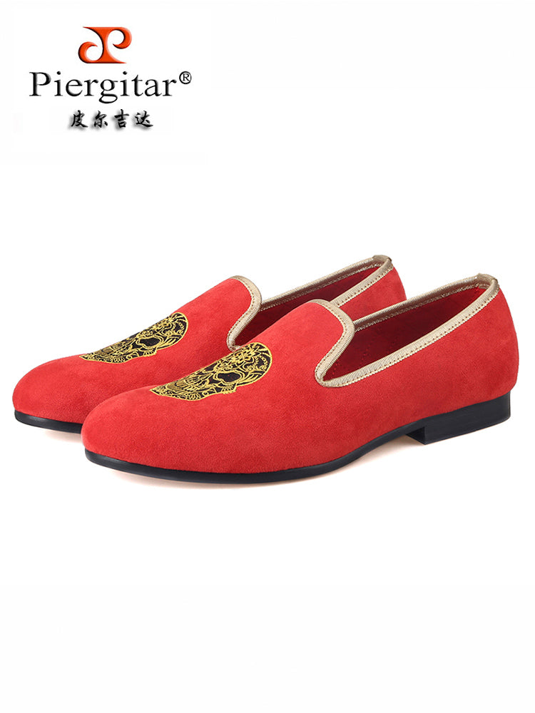 Pilgida imported red velvet men's embroidered shoes handmade slip-on loafers large size smoking shoes