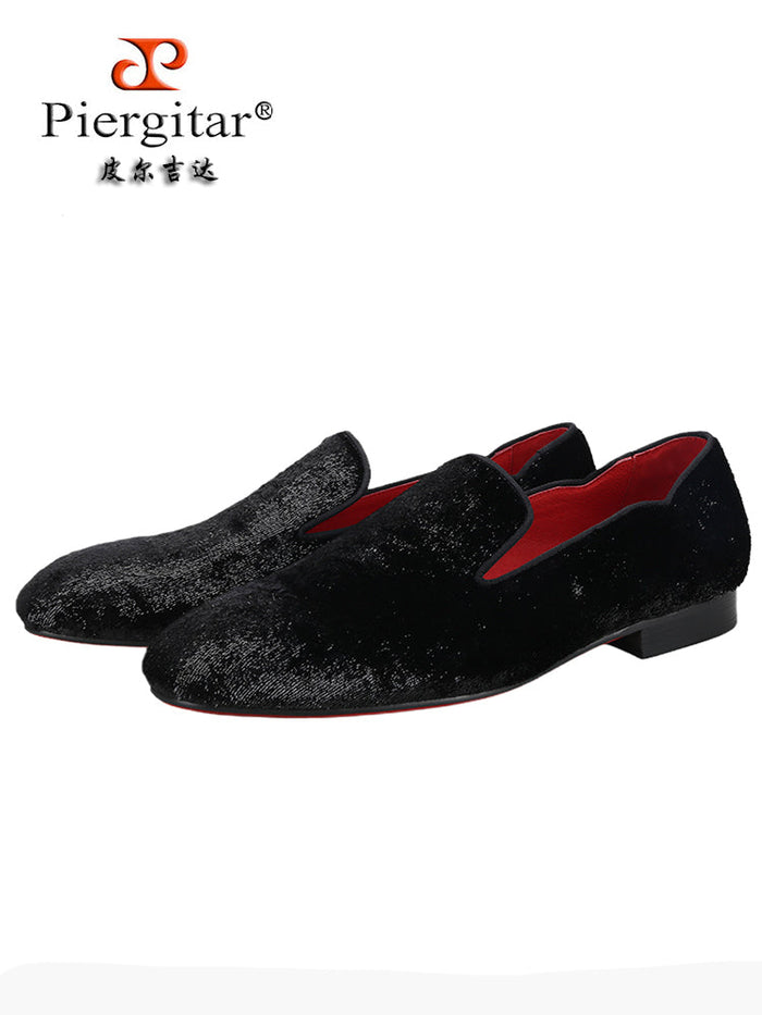 Black velvet gold and silver men's slip-on loafers European and American luxury fashion big-name square-toe red-soled shoes for men
