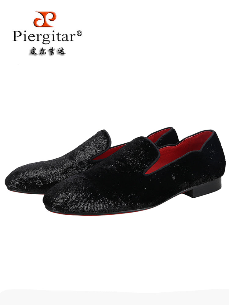Black velvet gold and silver men's slip-on loafers European and American luxury fashion big-name square-toe red-soled shoes for men