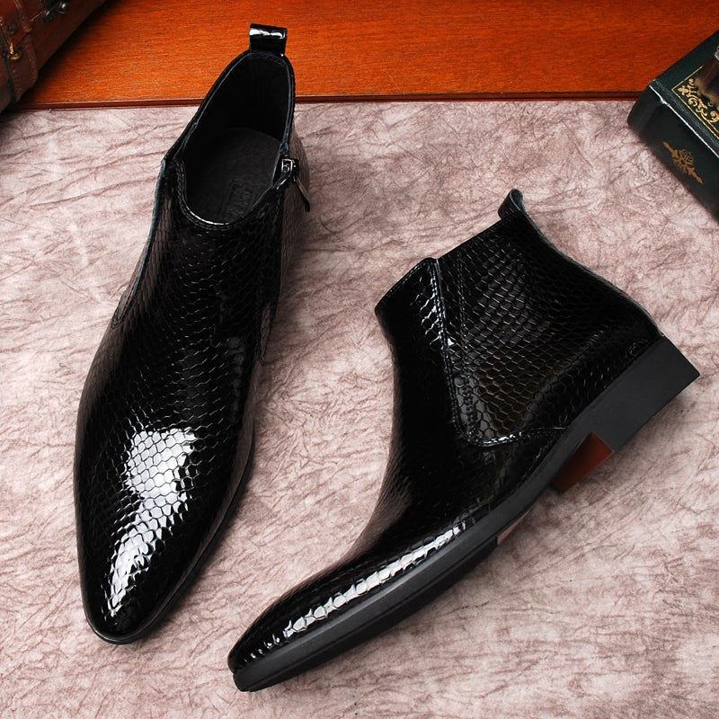 Men's Genuine Leather Martin Boots, Patent Leather, Pointed Toe