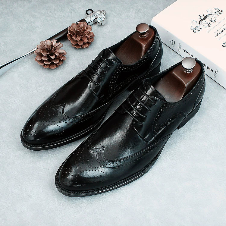 Men's Genuine Leather Wedding Shoes, Pointed Toe, Lace-Up