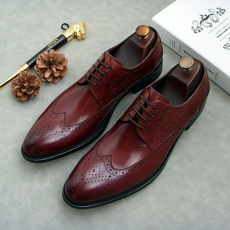 Men's Genuine Leather Wedding Shoes, Pointed Toe, Lace-Up