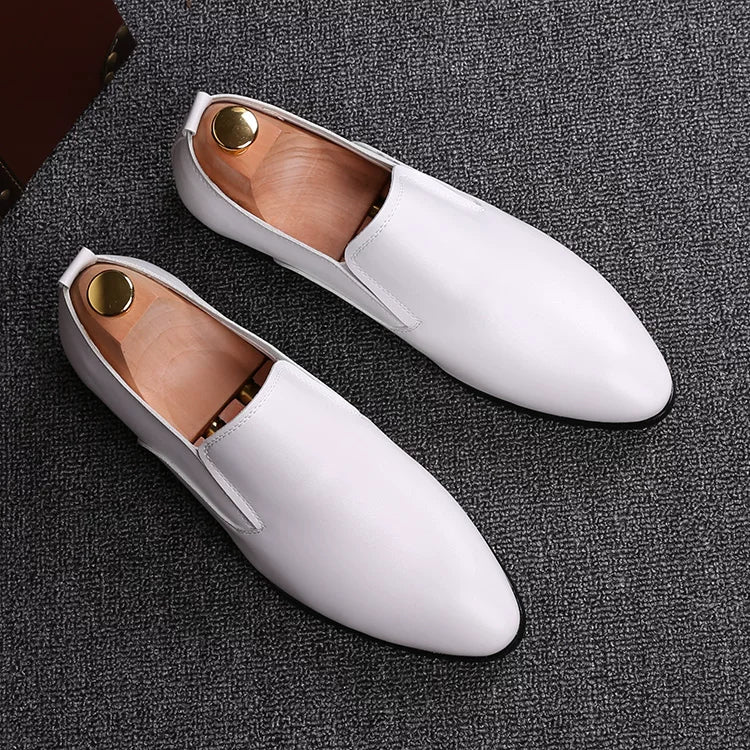 Men's White Leather Shoes, Breathable, Pointed Toe