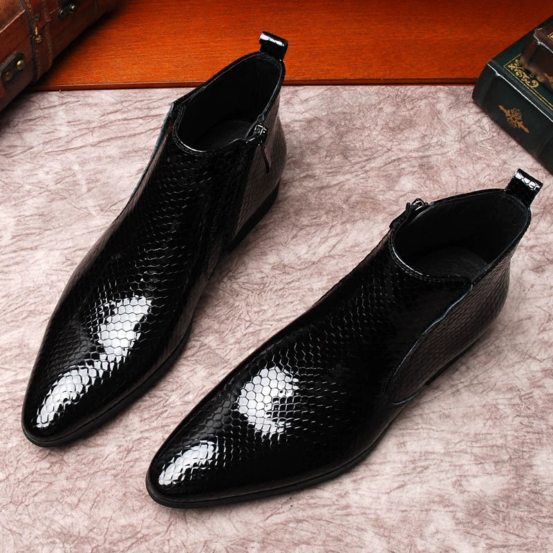 Men's Genuine Leather Martin Boots, Patent Leather, Pointed Toe