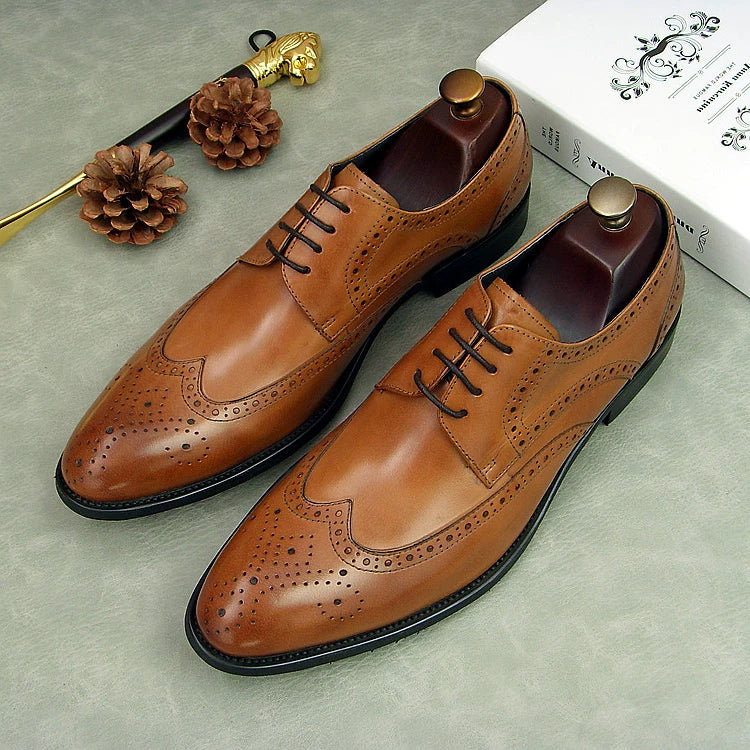 Men's Genuine Leather Wedding Shoes, Pointed Toe, Lace-Up