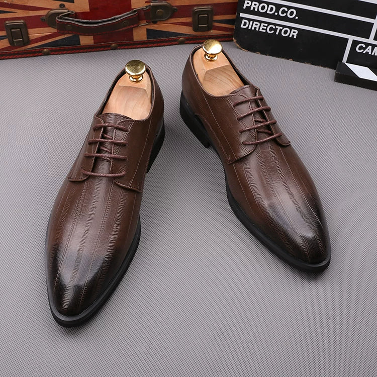 Men's Brown Leather Shoes, Height Increasing, Pointed Toe