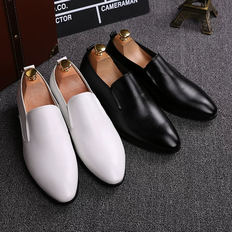 Men's White Leather Shoes, Breathable, Pointed Toe