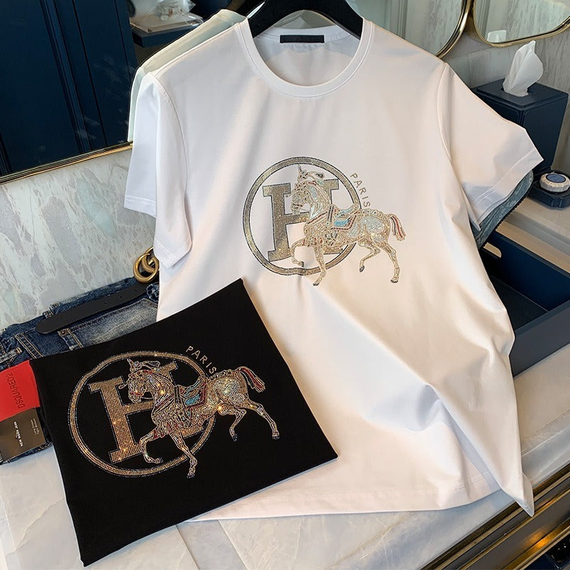 Combed cotton European station summer men's hot diamond round neck short-sleeved diamond fashion brand European men's half-sleeved T-shirt