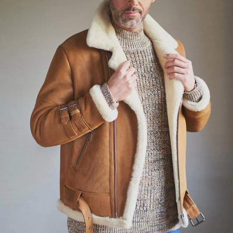 European and American men's ethnic outerwear zipper plush brown belt buckle decoration fashionable urban good-looking ancient trendy men's jacket