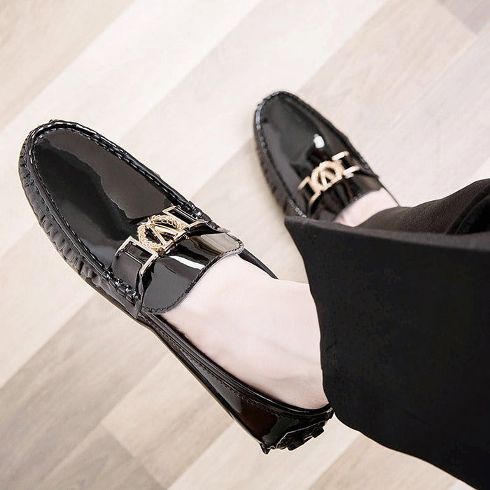 New Retro Patent Leather Large Size Bean Shoes Men's Shoes Spring and Autumn Genuine Leather Casual Leather Shoes Trendy Soft Sole Driving Shoes(P)