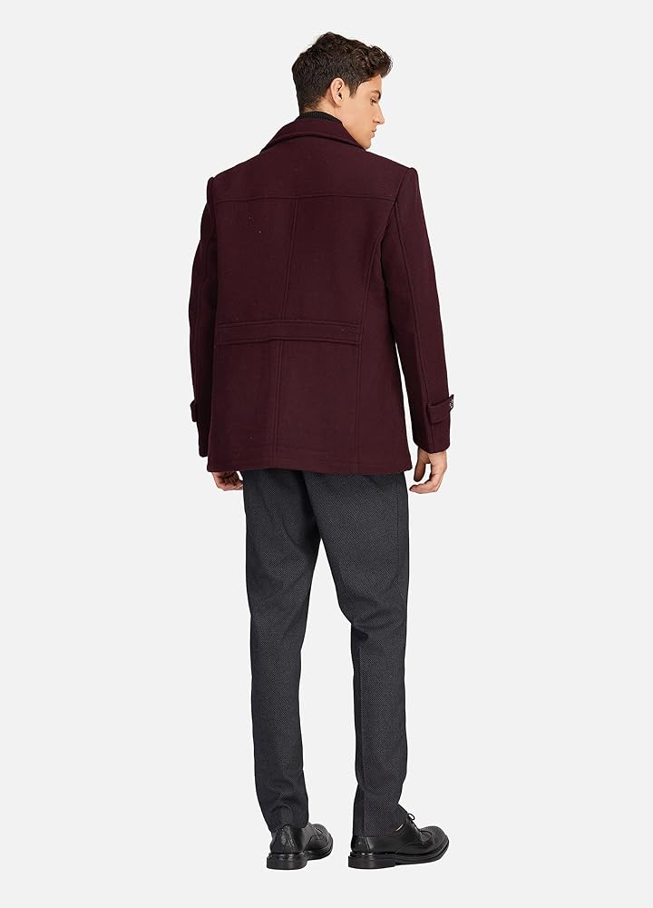 Men's Wool Blend Pea Coat Single Breasted Slim Fit Winter Jacket With Removalbe Scarf