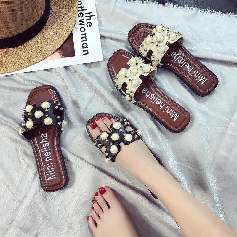Korean style women's sandals. Rubber soles, slip-on style, pearl pattern, soft soles, beautiful and chic design, lightweight, comfortable to wear, cute. (white) 7