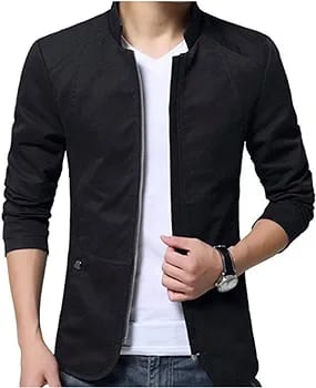 Casual Men's Jacket Spring Autumn Solid Color Stand Collar Zipper Pocket Thin Slim Fit Blazer