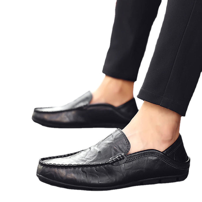 Summer leather bean shoes men's breathable leather shoes men's casual shoes men's lazy driving shoes soft sole shoes plus size men's shoes(P)