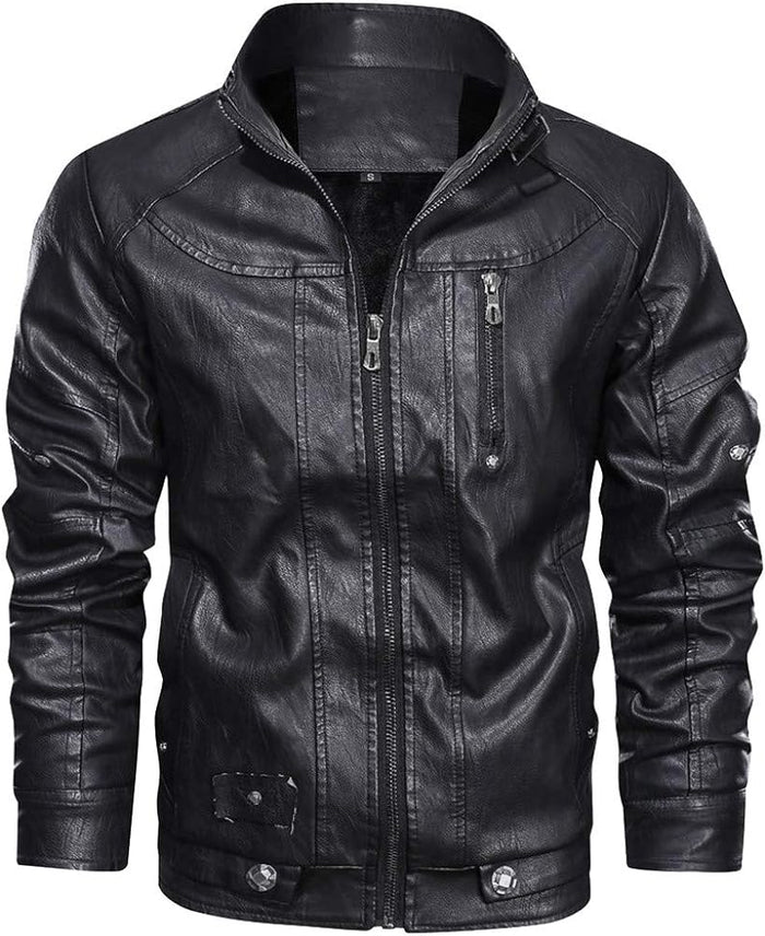 Men's Lather Jacket Casual Stand Collar Pu Faux Zip Motorcycle Bomber Jacket