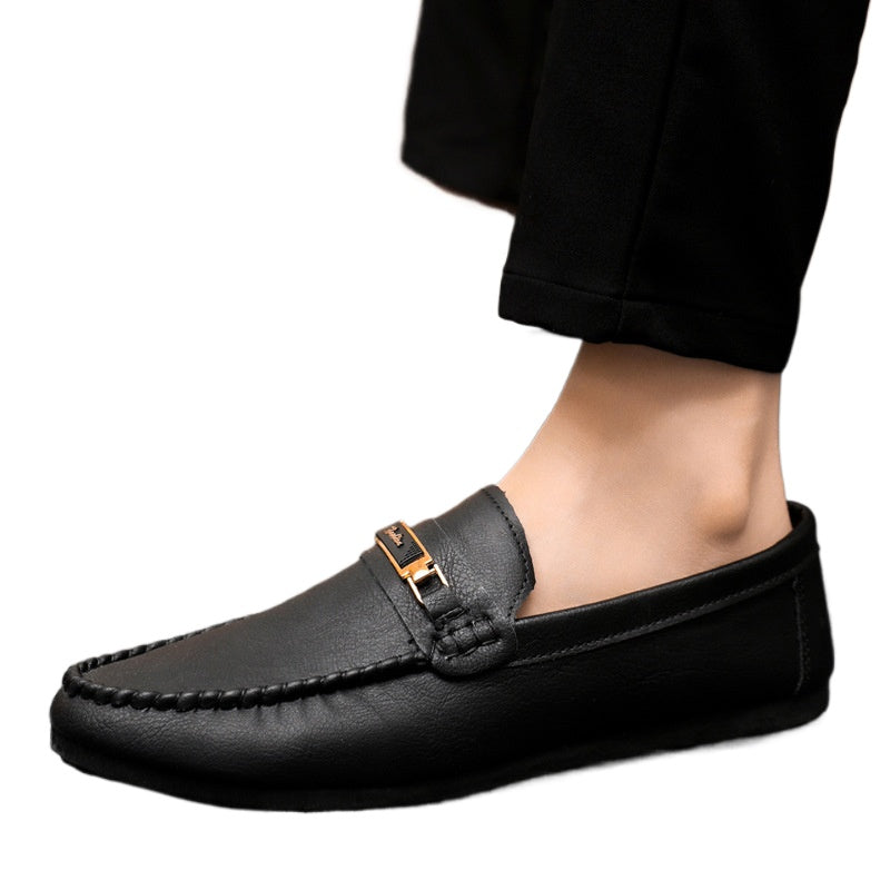 Leather shoes waterproof casual one-pedal loafers handmade business low-top black British men's shoes flat platform single shoes