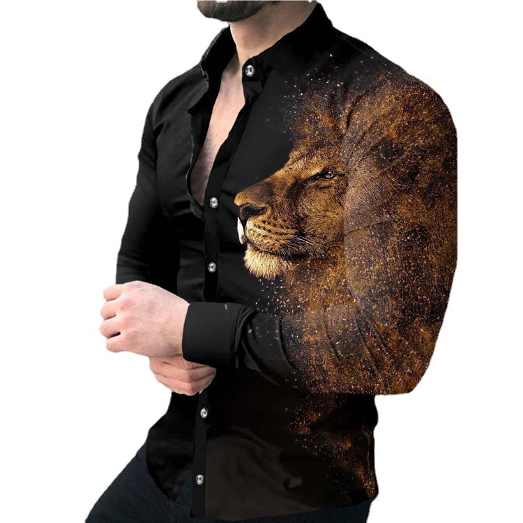 2024 Foreign trade cross-border solid color slim spot all-purpose cotton casual lapel animal print youth shirt