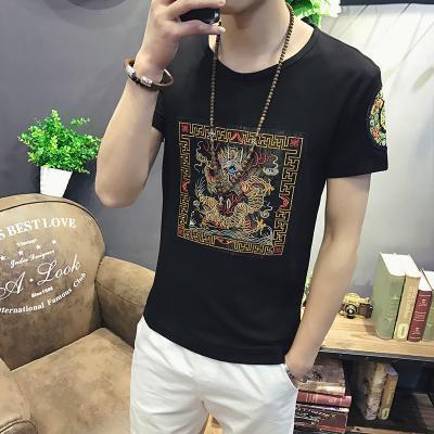2024 new summer new Chinese style dragon embroidery linen button short-sleeved plus fat plus size trendy short-sleeved T-shirt