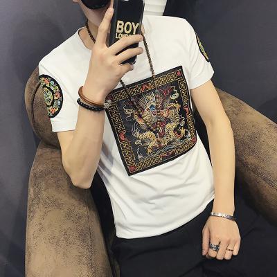 2024 new summer new Chinese style dragon embroidery linen button short-sleeved plus fat plus size trendy short-sleeved T-shirt