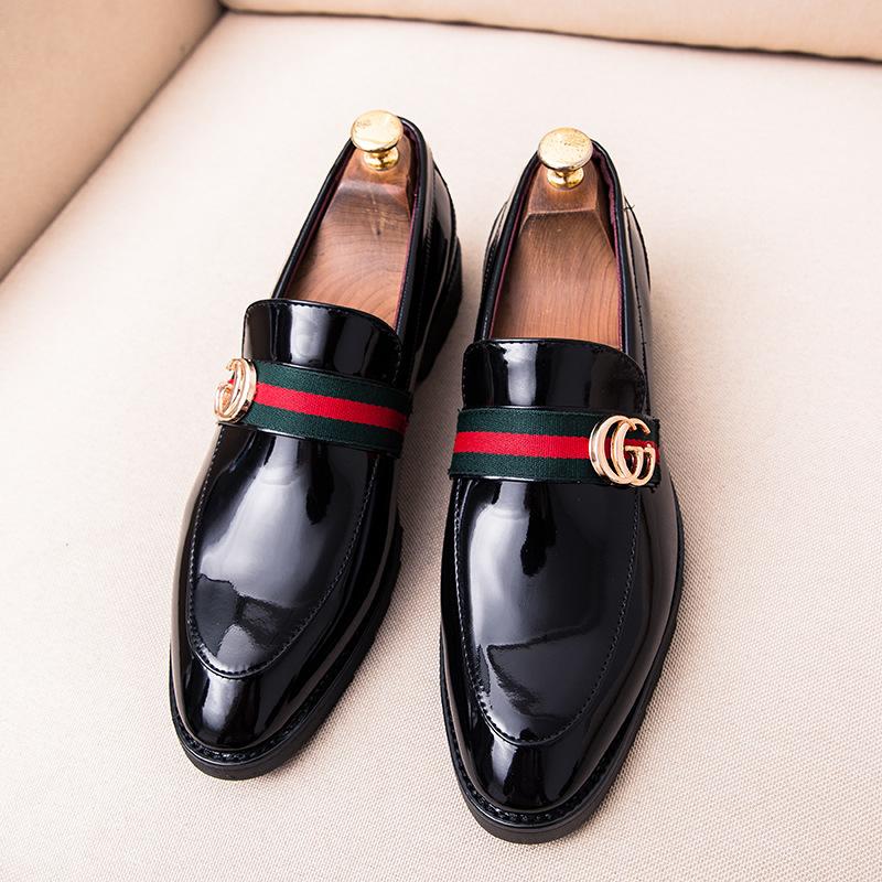 British casual leather shoes, shiny leather cloth strips, metal buttons, TOEFL shoes, new large leather shoes, Korean business men's shoes