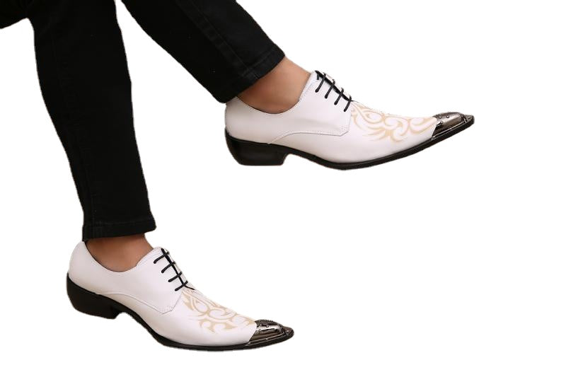 Korean fashion men's hair stylist pointed shoes British fashion printed leather white business casual men's shoes shoes
