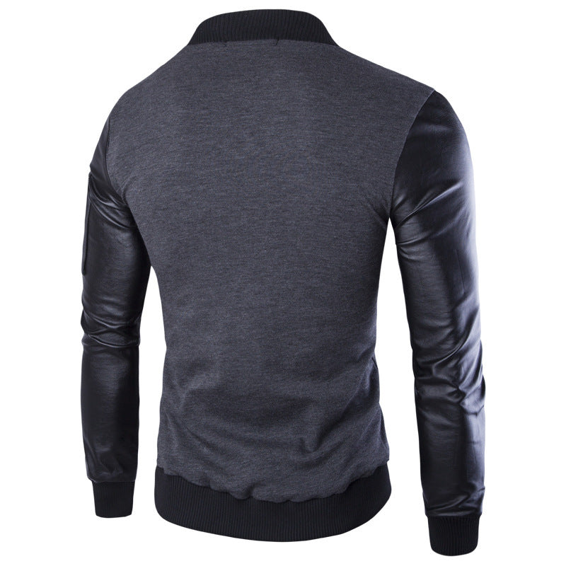 men's vertical collar jacket leather sleeve splice short cardigan