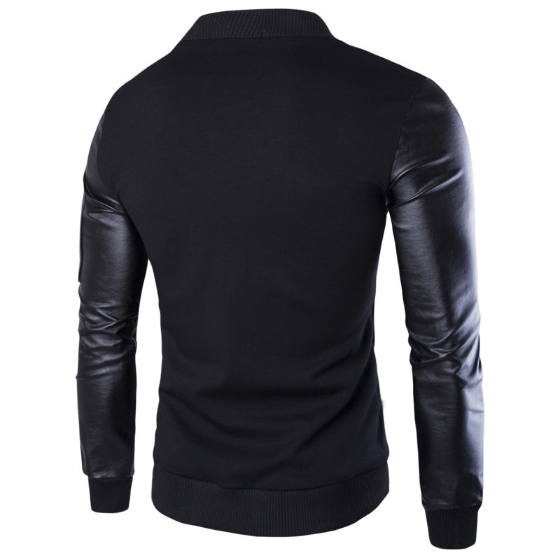 men's vertical collar jacket leather sleeve splice short cardigan