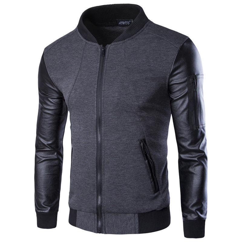 men's vertical collar jacket leather sleeve splice short cardigan