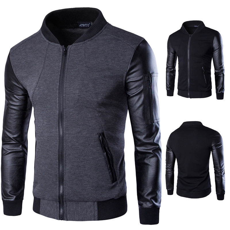 men's vertical collar jacket leather sleeve splice short cardigan