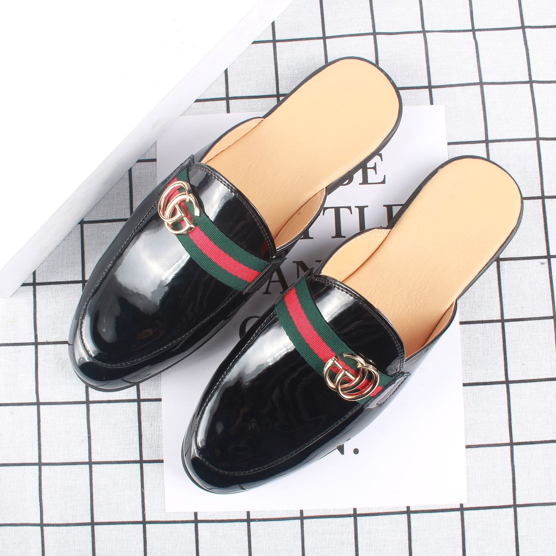 Men's Half Slippers Summer Cool Outer Wear Men's Leather Slippers 2023 New British Style Closed Toe Buckle without Heel Trendy Men's Shoes