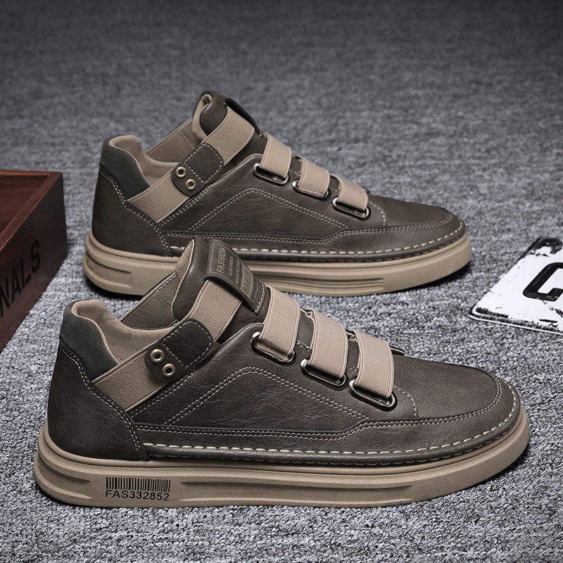autumn and winter new mid-top black leather shoes men's trendy shoes casual non-lace-up skate shoes men's one piece dropshipping