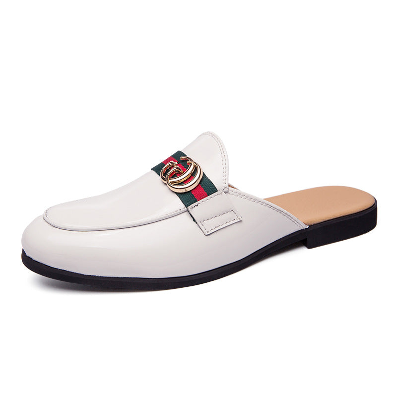 Men's Half Slippers Summer Cool Outer Wear Men's Leather Slippers 2023 New British Style Closed Toe Buckle without Heel Trendy Men's Shoes
